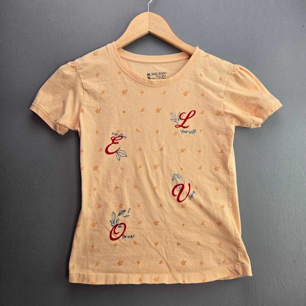 Milton Girls Graphic T-Shirt LOVE Floral Puff Sleeve Size 8-10 Peach Cotton Tee